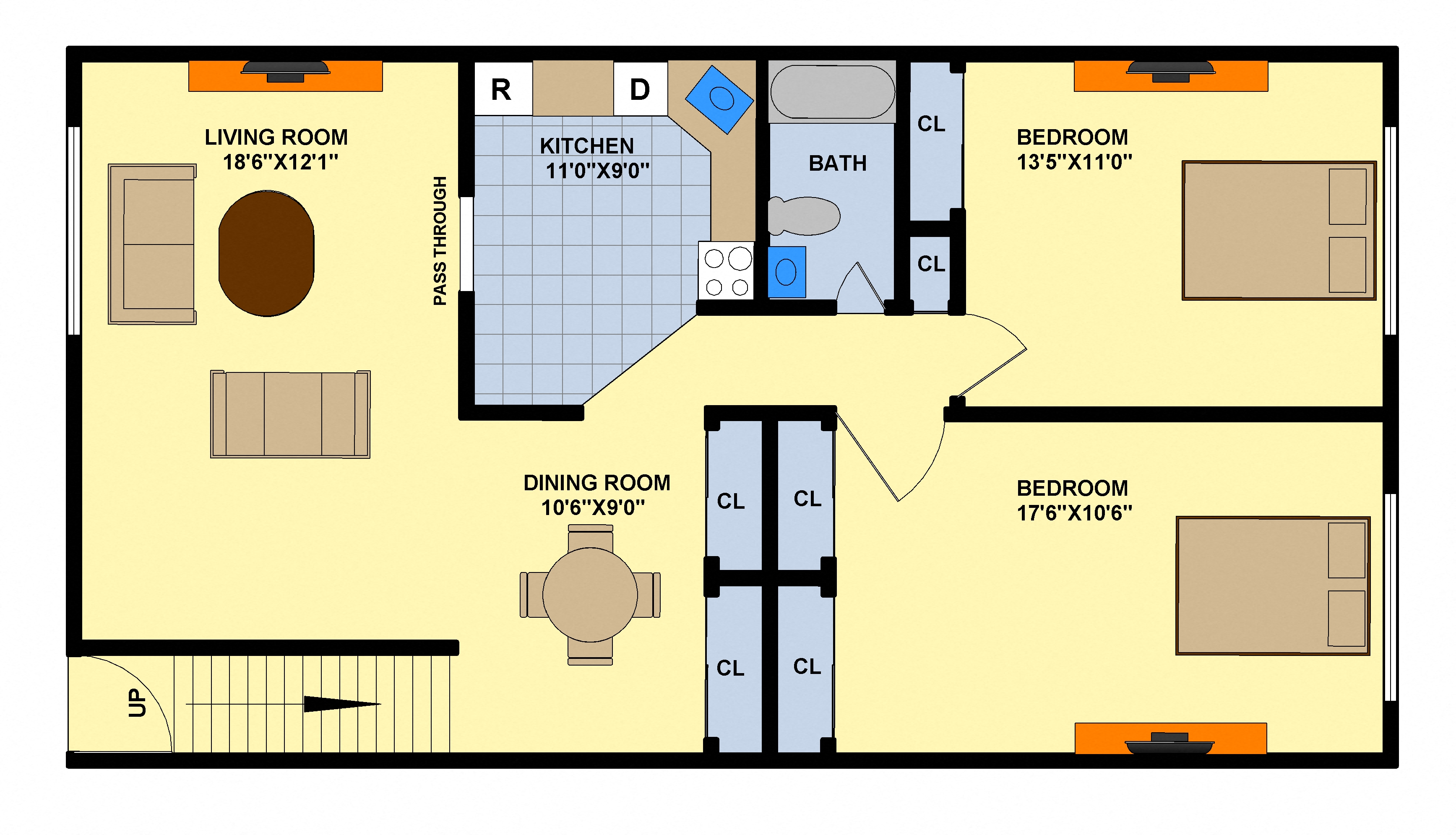 Floor plan for 2 beds, 1 bath, 870 sqft